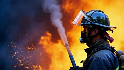 Caucasian male firefighter in action amidst glowing sparks and flames