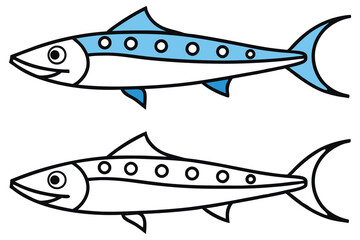 Cartoon Illustration of Two Cute Mackerel Fish One Colored and One Outline for Coloring a Fun Aquatic Animal Drawing