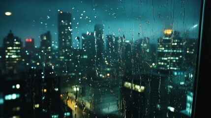 Fototapeta premium Rainy Night Cityscape Viewed Through Rain Streaked Window