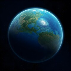 Fototapeta premium A bright blue planet with dark patches of green and yellow, set against a deep space background, AI Generated