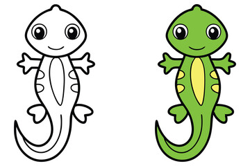 Adorable Cartoon Newt Coloring Page Illustration with Green and Black and White Versions
