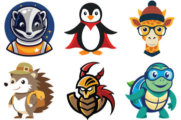 Wildlife animals set mascot logo design vector. collection of Wildlife animals logo set vector, group of animals mascot logos, set of Badger dolphin Giraffe Hedgehog Scorpion and Turtle animals logo 