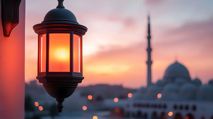 Orange Sunset Lantern Near Mosque Silhouette