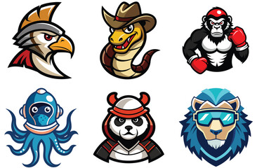 Wildlife animals set mascot logo design vector. collection of Wildlife animals logo set vector, group of animals mascot logos, set of Falcon Rattlesnake lion octopus Gorilla and Panda animals logo des
