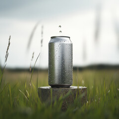 A chilled aluminum can, covered in condensation droplets, rests on a gray stone pedestal amidst lush green grass. The background shows a blurred, overcast sky and distant trees