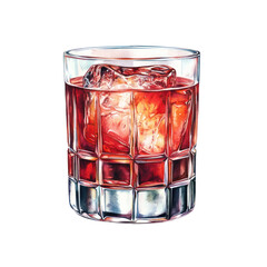 PNG Negroni cocktail with ice cubes and orange slice garnish in a glass. Watercolor illustration of a classic Italian aperitif.	