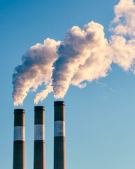 Smokestacks releasing white clouds in clear blue sky against backdrop of climate change issues