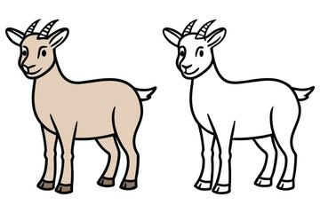 Two Adorable Cartoon Goats One Colored Brown One Black and White Outline Farm Animals Goat Illustration