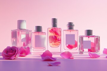 Elegant perfume bottles, showcasing a delicate rose theme.  Clear glass containers with pink rose petals within.  Blank label space for branding