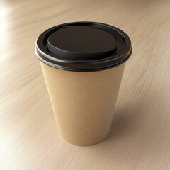 A cardboard coffee cup with a black lid sits on a smooth, light wood surface against a plain white background