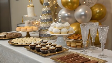 Obraz premium A colorful table filled with an assortment of desserts, including cupcakes, cookies, and pastries, invitingly displayed