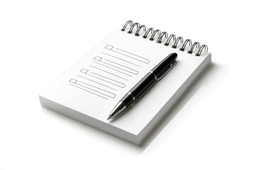 A spiral notepad with a checklist and a black pen rests on a white background, ready for planning.
