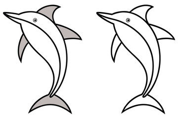 Naklejka premium Two Simple Line Drawings of Dolphins Leaping One with Gray Fins the Other in Black Outline