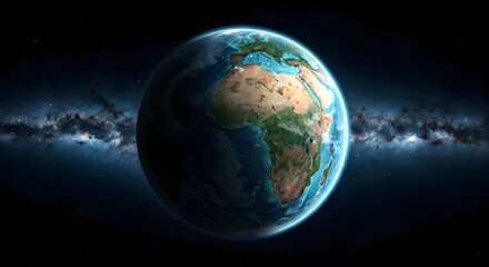 A bright blue planet with dark patches of green and yellow, set against a deep space background, AI Generated