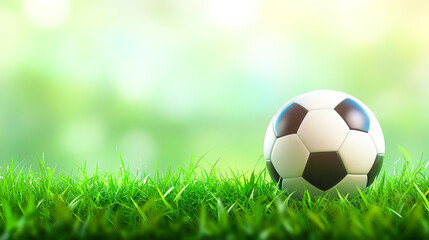Naklejka premium Soccer ball resting on green grass in a stadium, perfect for sports banners and promotions