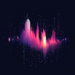 A vibrant, abstract visualization of sound waves or music frequencies, depicted as vertical bars and glowing particles in shades of pink, purple, orange, and blue. 