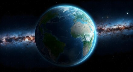 Fototapeta premium A bright blue planet with dark patches of green and yellow, set against a deep space background, AI Generated