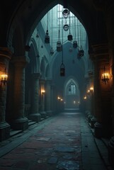 Obraz premium Ancient dungeon with suspended cages, gothic arches, dim light, dark shadows, cinematic style