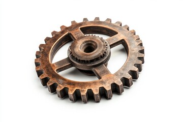 A bronze-colored gear with intricate details, isolated on a white background.