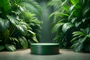 Obraz premium Dark green podium in tropical forest for product presentation and green background 3D rendering