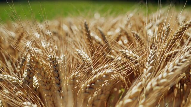 A close-up view of ripening wheat ears, with the golden grains catching the sunlight, almost ready for harvest in the summer field