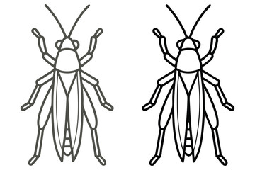 A Pair of Line Drawings Depicting a Cricket Insect Illustration in Two Variations One Dark Gray and One Black