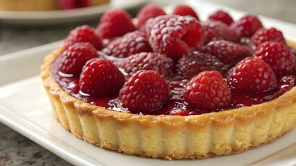 A delicious raspberry tart sits on a white plate, showcasing vibrant red berries atop a golden crust
