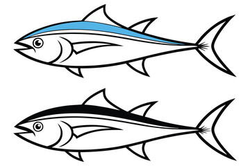 Two Line Drawings of Bonito Fish Illustrations Showing Different Color Schemes White Background