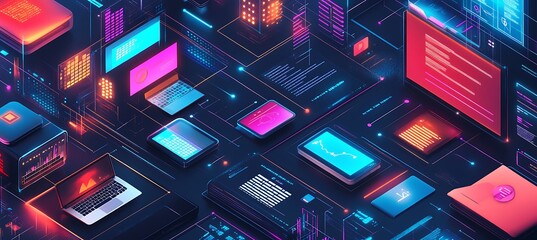 A trendy tech startup banner with innovative designs and space for a slogan