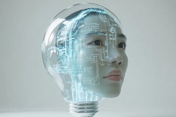 A woman's face encased in a lightbulb, overlaid with futuristic circuit diagrams, symbolizes AI and innovation.