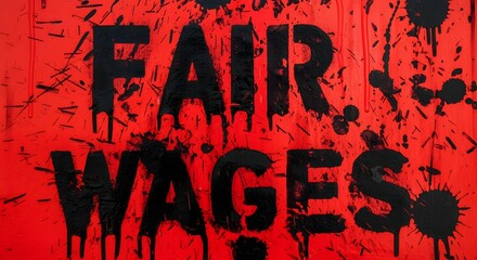 Fototapeta premium Red and black paint splattered across a sign reading Fair Wages.