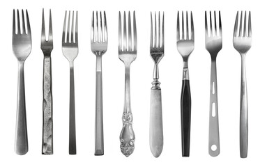 Variety of forks showing different styles and materials on white background