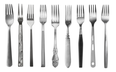 Variety of forks showing different styles and materials on white background