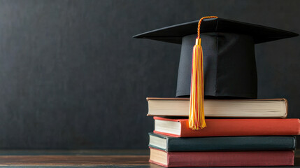 Graduation cap and tassel on books, symbolizing educational achievement and success