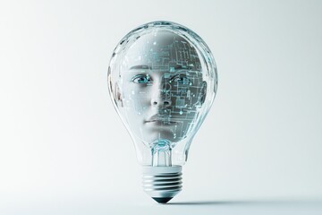 A robotic face inside a lightbulb symbolizes innovative ideas and technological advancements in artificial intelligence.