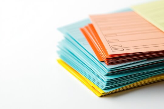 A stack of colorful papers with lines, likely for notes or forms, sits on a white surface.