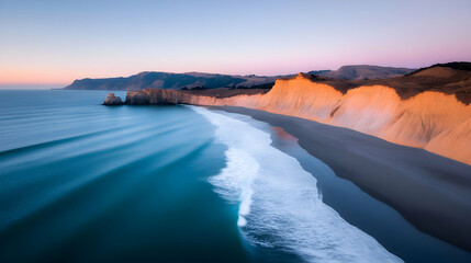 Serene Coastal Sunset Landscape with Waves Crashing on Sandy Beach
