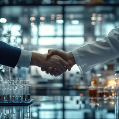 A handshake between two individuals, one in a lab coat and the other in formal attire, symbolizes collaboration and partnership in a laboratory setting with test tubes and blurred equipment
