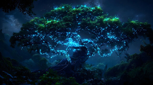 Glowing Tree In Night Forest