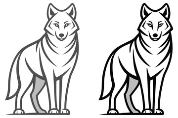 Two stylized illustrations of a wolf standing majestically in a simple line art style