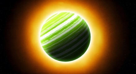 A bright lime green planet with white streaks, against a backdrop of a glowing orange galaxy, Ai Generated