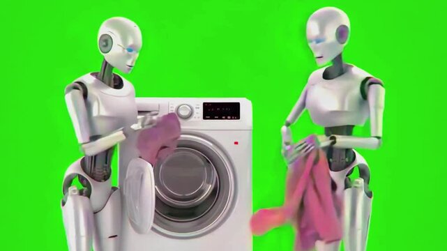 Futuristic humanoid robots handling laundry together, advanced AI assistants managing household chores, modern domestic automation with washing machine, concept of smart home robotics and clean living