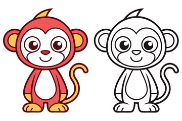 Adorable Cartoon Monkey Illustration Color and Outline Versions for Kids Coloring Book Pages