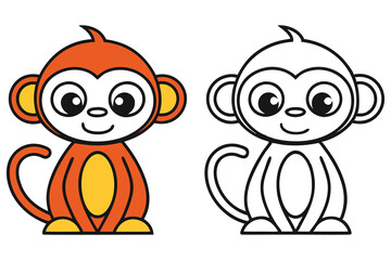 Adorable Cartoon Monkey Illustration Color and Outline Versions for Kids Coloring Book Pages