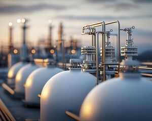 Fototapeta premium Propane storage sphere near industrial pipelines, propane plant, focused on storage safety