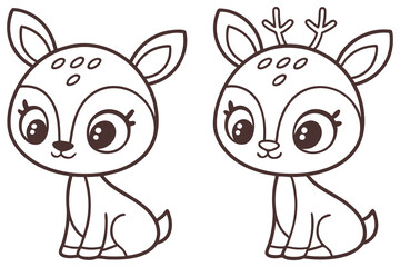 Adorable Cartoon Deer Coloring Page Two Cute Baby Fawns Sitting One with Antlers