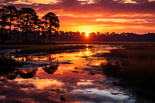 As first rays of sunlight pierce through misty marsh, a breathtaking spectacle unfolds, painting landscape palette of glistening gold, dancing shadows, and an overwhelming sense of enchantment that ac