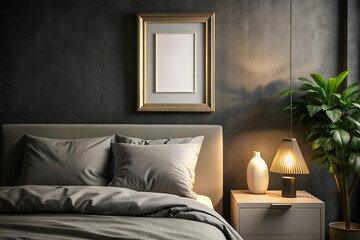 Mockup photo frame on bed in dark bedroom interior with stylish and elegant modern decor
