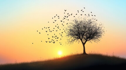 Tree Transforming into Birds at Sunset Silhouette.