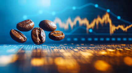 Coffee beans soar amid a rising stock chart indicating business growth and value appreciation